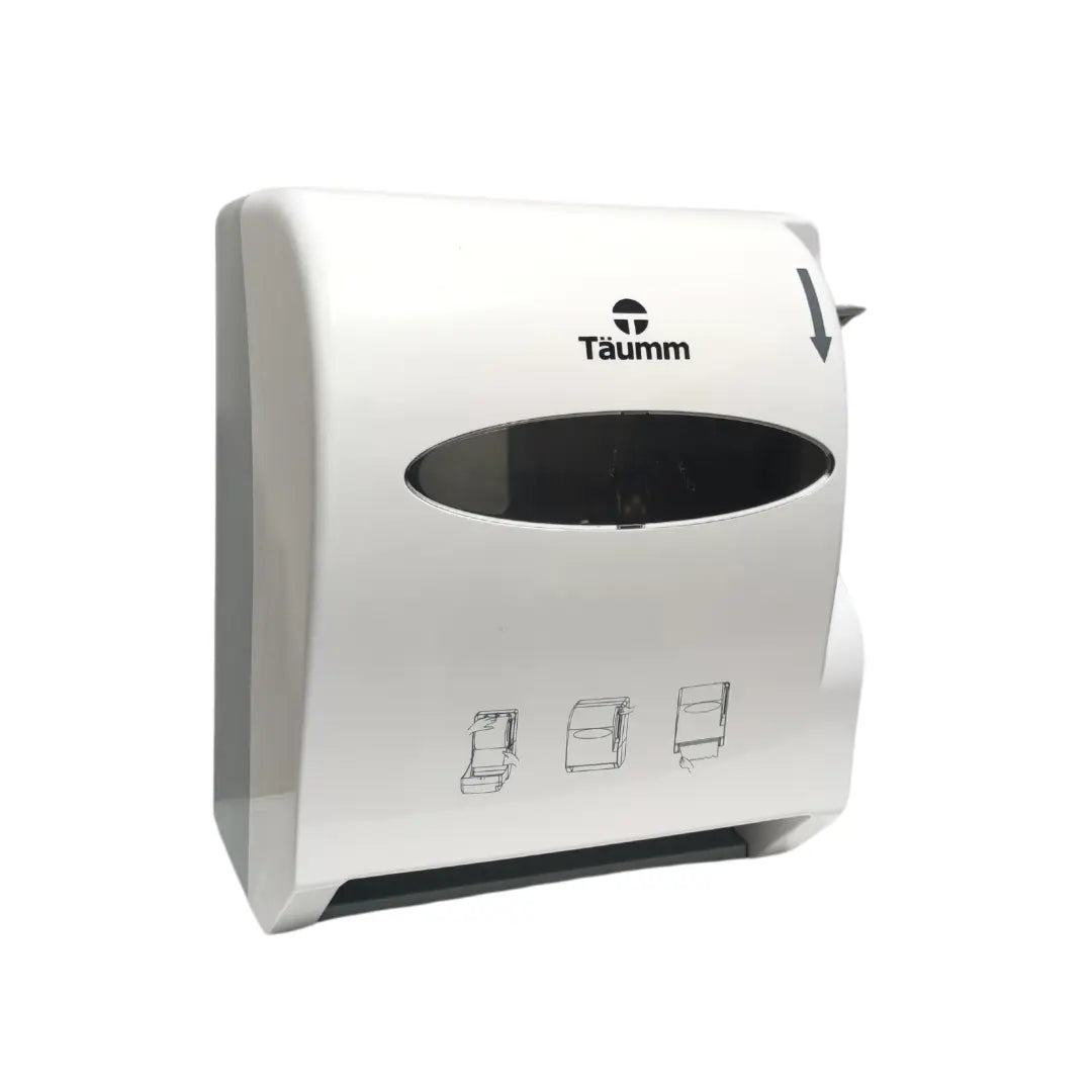 Dispensador mural de toallas de papel con mecanismo de palanca para corte y entrega higiénica, apto para rollos de gran capacidad en baños y cocinas comerciales.