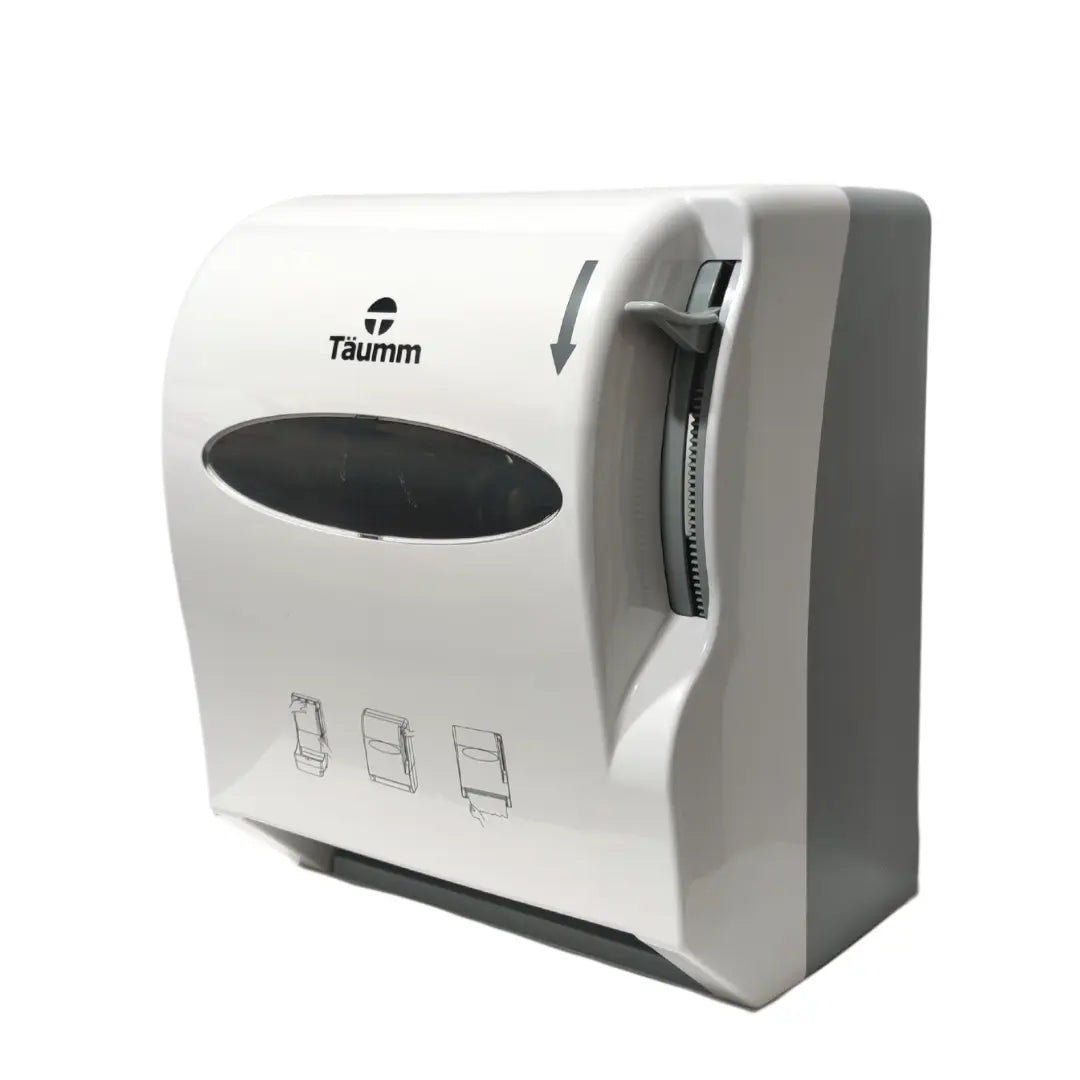 Dispensador mural de toallas de papel con mecanismo de palanca para corte y entrega higiénica, apto para rollos de gran capacidad en baños y cocinas comerciales.