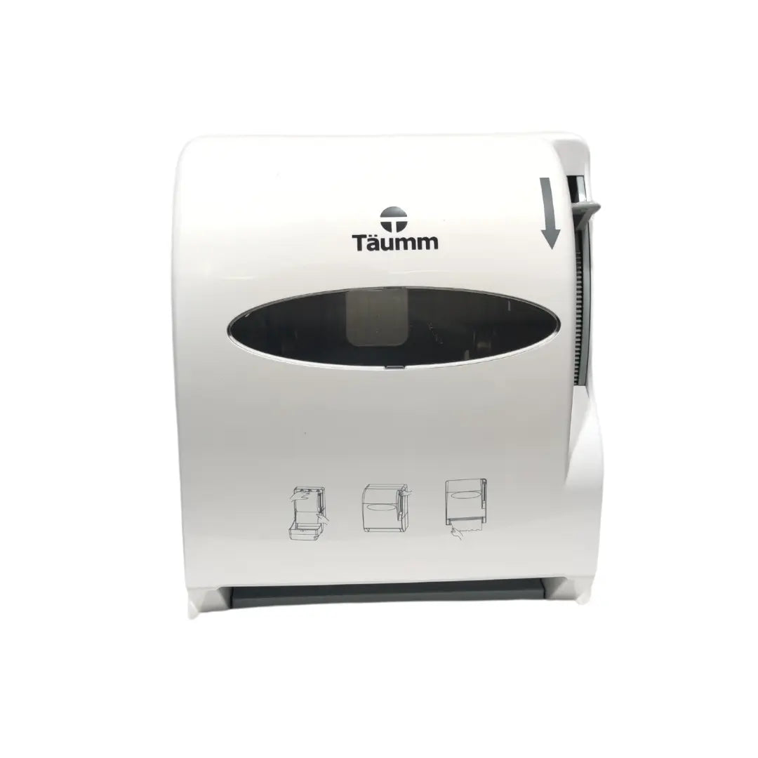 Dispensador mural de papel higiénico Täumm fabricado en acrílico transparente o de color, con cerradura y capacidad para rollos grandes en baños comerciales.
