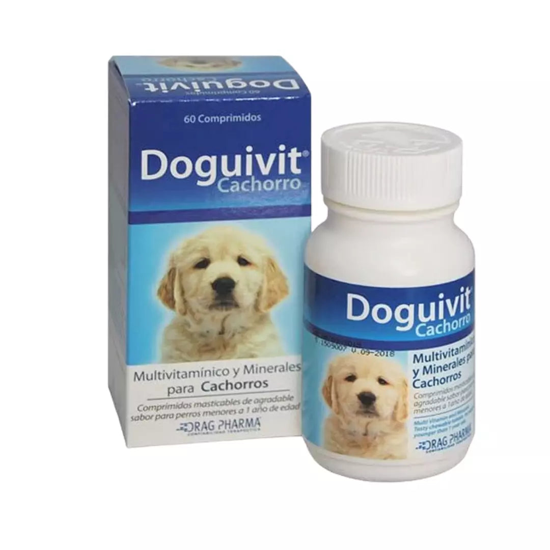 suplemento multivitamínico Doguivit para cachorros, formulado para promover el crecimiento fuerte y el desarrollo saludable de huesos y sistema inmune.
