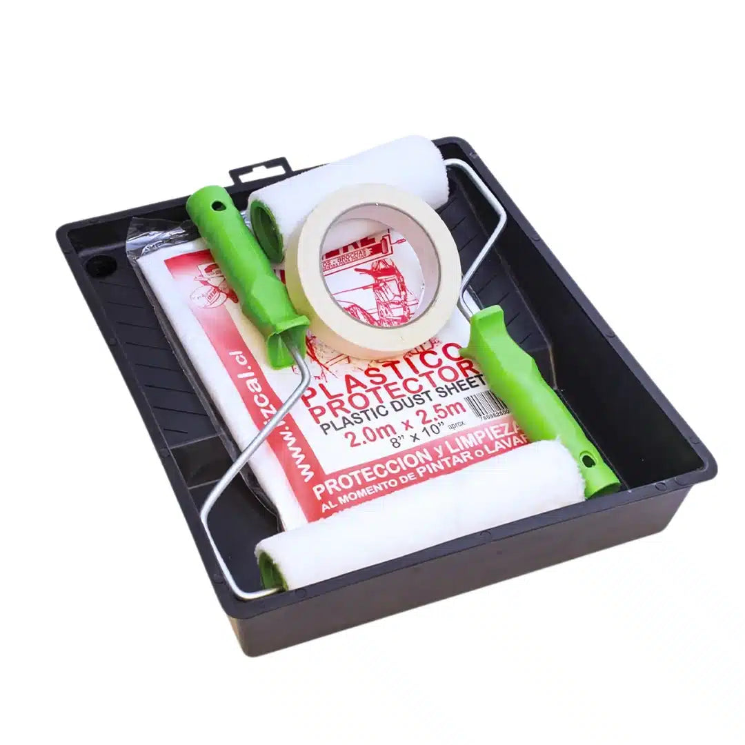 Kit de accesorios Lizcal para pintar con esmaltes sintéticos en interiores, incluye rodillo, brocha y bandeja para una aplicación profesional y uniforme.