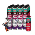 Kit Akfix profesional de espuma de poliuretano adhesiva con limpiador y pistola, ideal para instalación de aislamiento y mantenimiento de herramientas.