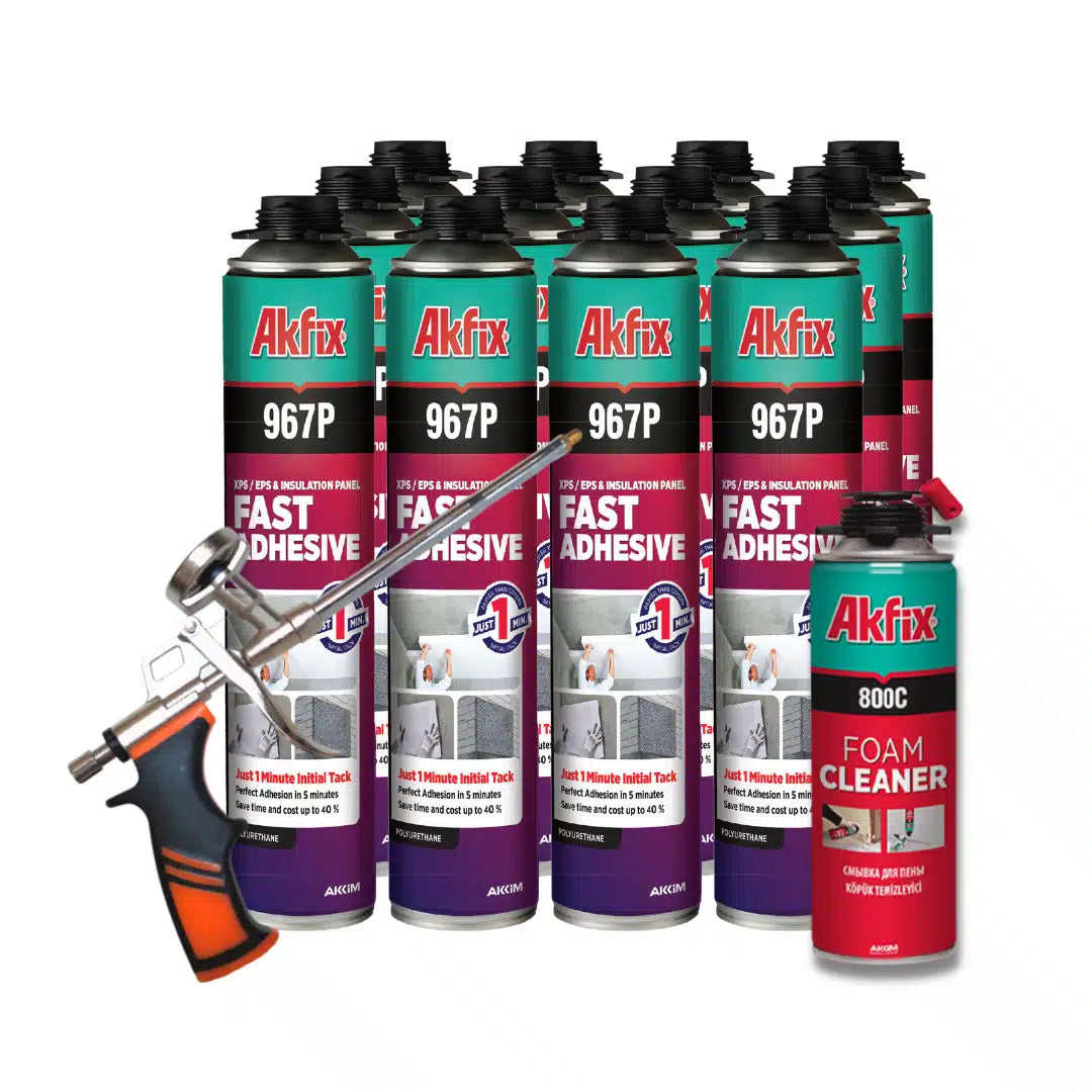 Kit Akfix profesional de espuma de poliuretano adhesiva con limpiador y pistola, ideal para instalación de aislamiento y mantenimiento de herramientas.