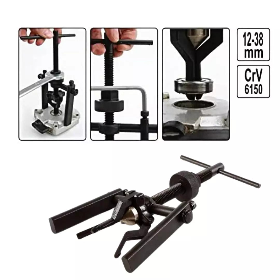 Extractor profesional de rodamientos interiores Yato, rango 12-38 mm, herramienta automotriz esencial para desmontar cojinetes de agujero ciego en vehículos y maquinaria.