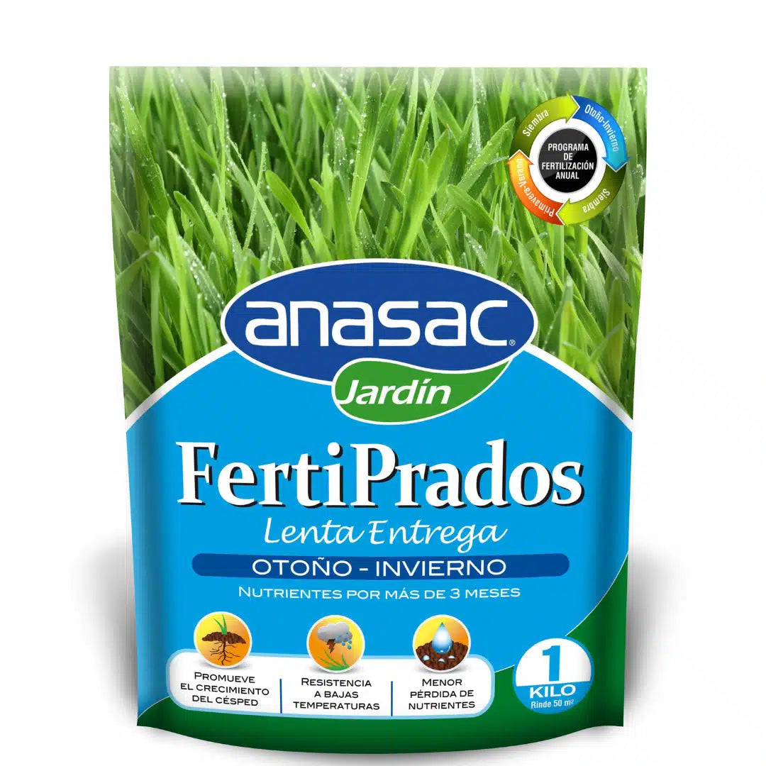 Fertilizante granulado Ferti Prados de 1 kg, específico para césped en otoño e invierno, con tecnología de liberación lenta para nutrición duradera y fortalecimiento de raíces.