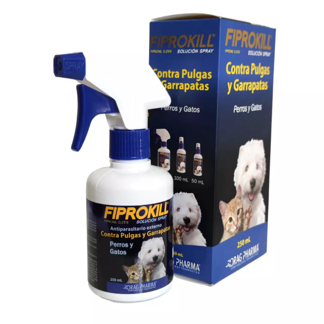 Fiprokill Spray, solución antipulgas y garrapatas de uso tópico para el tratamiento y control de ectoparásitos en perros y gatos.