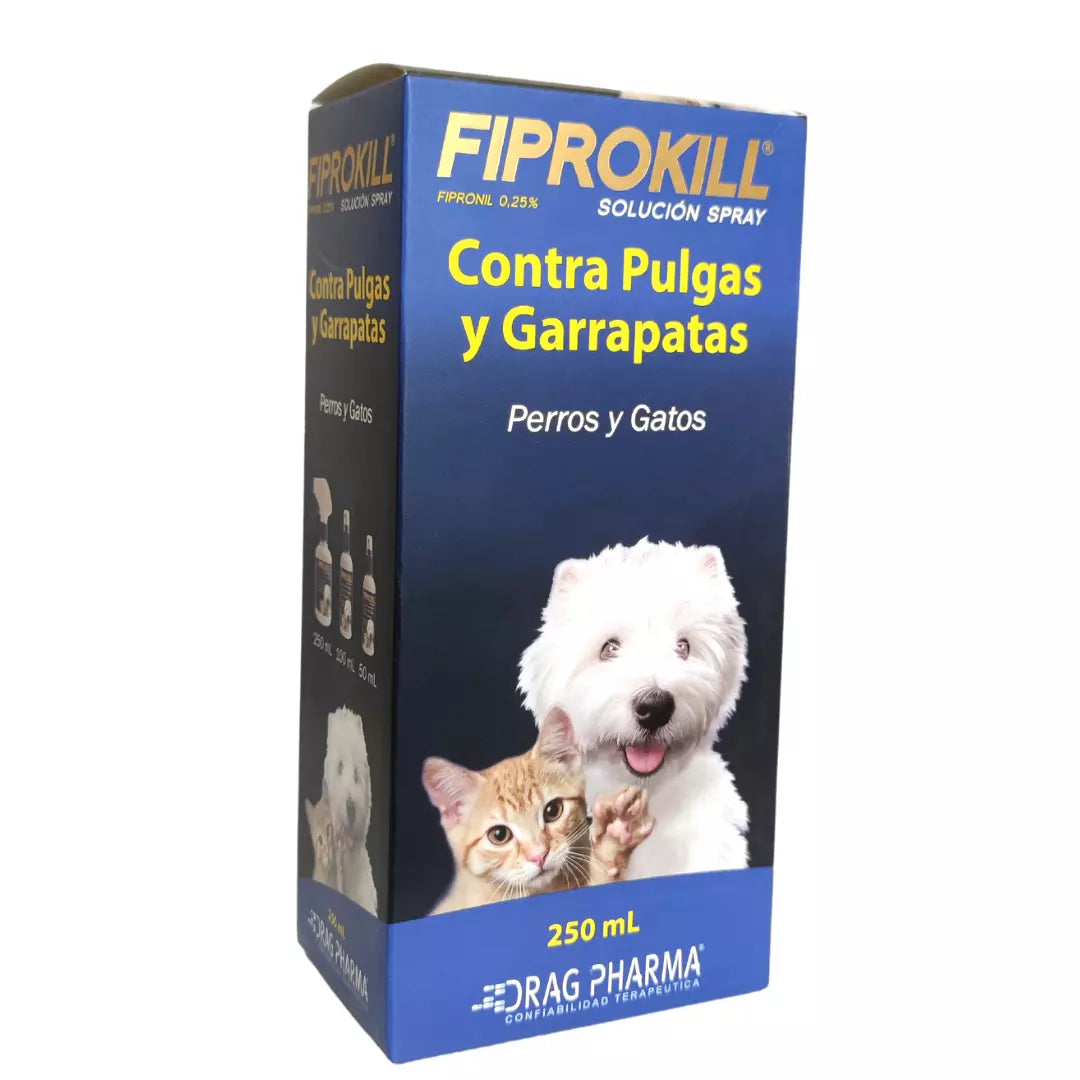 Fiprokill Spray, solución antipulgas y garrapatas de uso tópico para el tratamiento y control de ectoparásitos en perros y gatos.