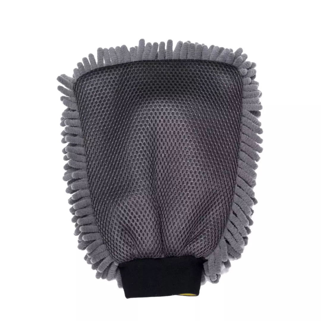 Guante de lavado de microfibra Momo 2 en 1 color gris, manopla suave para carrocería con zona de malla para remover suciedad en el lavado de autos.