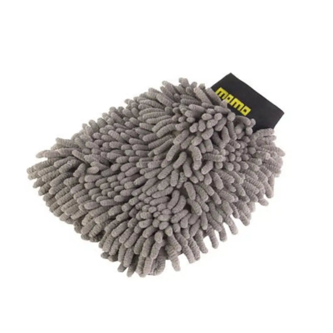 Guante de lavado de microfibra Momo 2 en 1 color gris, manopla suave para carrocería con zona de malla para remover suciedad en el lavado de autos.