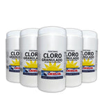 cloro granulado de 5 kg para piscinas, desinfectante de rápida disolución ideal para tratamientos de choque y desinfección inicial.
