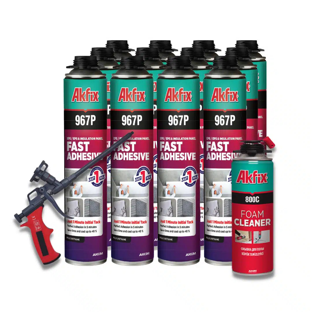 Kit profesional de espuma de poliuretano adhesiva con pistola aplicadora y limpiador, ideal para fijar paneles de aislamiento y realizar mantenimiento a la herramienta.