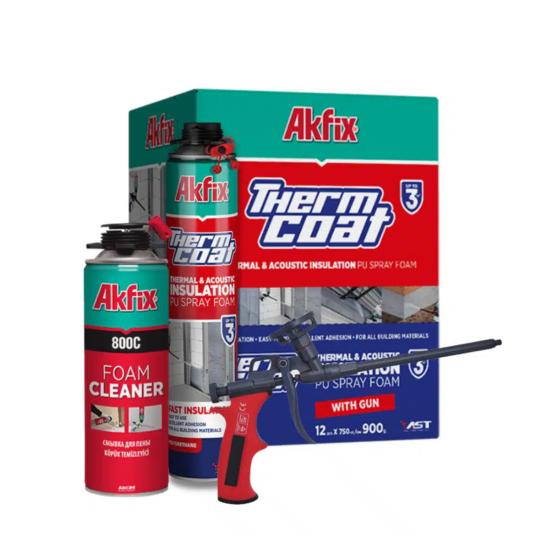 Kit profesional Akfix para Espuma Proyectada: incluye pistola y limpiador Akfix para crear una capa aislante termoacústica continua en techos y paredes con la espuma de poliuretano.