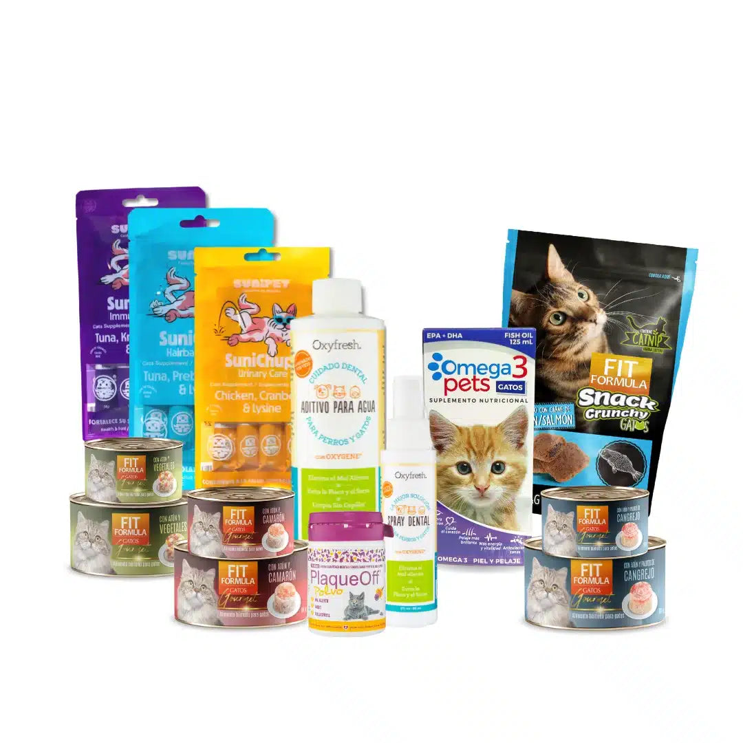 Kit de higiene dental para gatos con alimento húmedo Gourmet enriquecido con Omega 3, para cuidado bucal y nutrición premium.