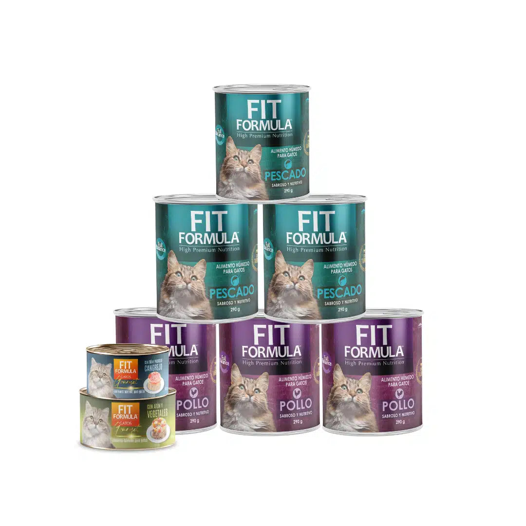 Kit de 6 latas de comida húmeda para gato Fit Formula y Gourmet, mix de sabores para una nutrición completa y palatable.