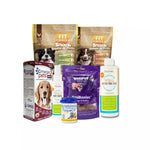 Kit premium de salud y nutrición para perros, incluye productos de higiene dental, suplemento de aceite Omega 3 y 6, y snacks de entrenamiento/recompensa.
