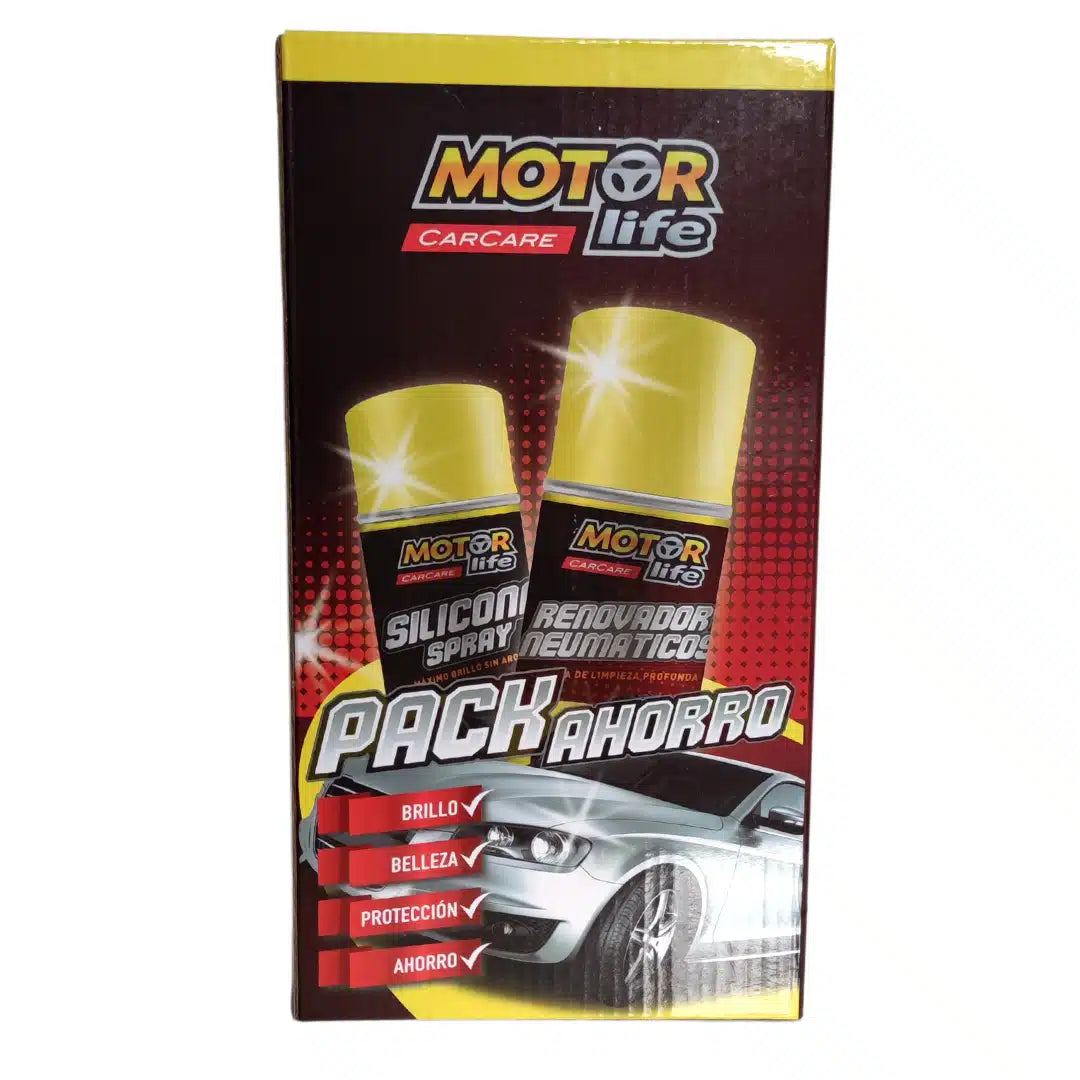 Pack Motorlife con silicona protectora para tablero y renovador de neumáticos, kit de detailing para dar brillo y protección a las superficies del auto.