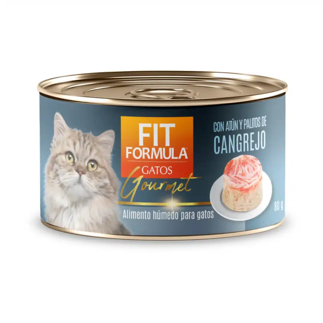 Pack 6 latas de alimento húmedo gourmet para gatos, receta con irresistibles palitos de cangrejo, fuente de proteína e hidratación para la dieta felina.