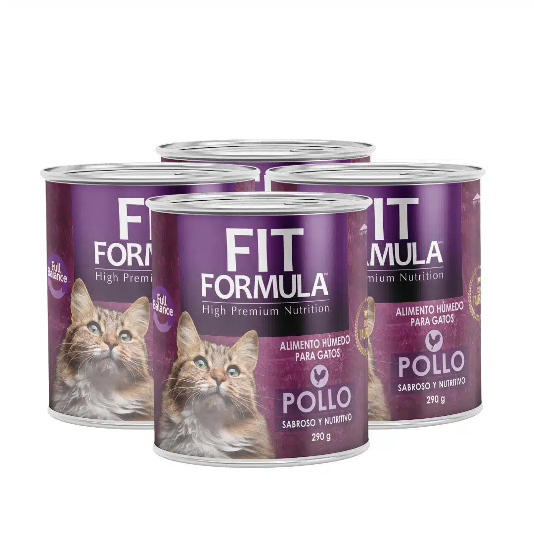 Pack de 4 latas de 290 gramos de comida húmeda Fit Formula para gatos, sabor pollo, para una alimentación nutritiva y sabrosa