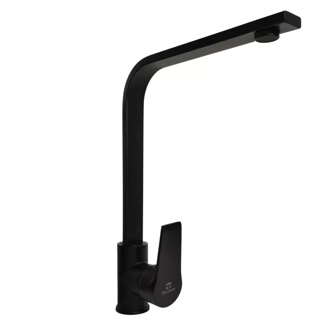 Llave monomando Taumm para lavaplatos en acabado negro mate, grifería de cocina de diseño moderno y alta resistencia.