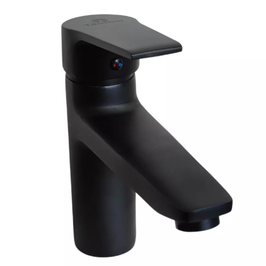 Llave monomando Taumm para lavamanos en acabado negro mate, grifería de baño moderna y elegante para lavabos.