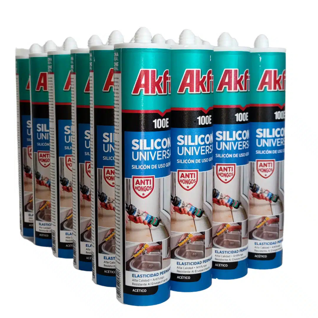 Caja de 24 cartuchos de silicona universal Akfix 100E de 280ml, para sellado e impermeabilización de juntas en cocinas y baños