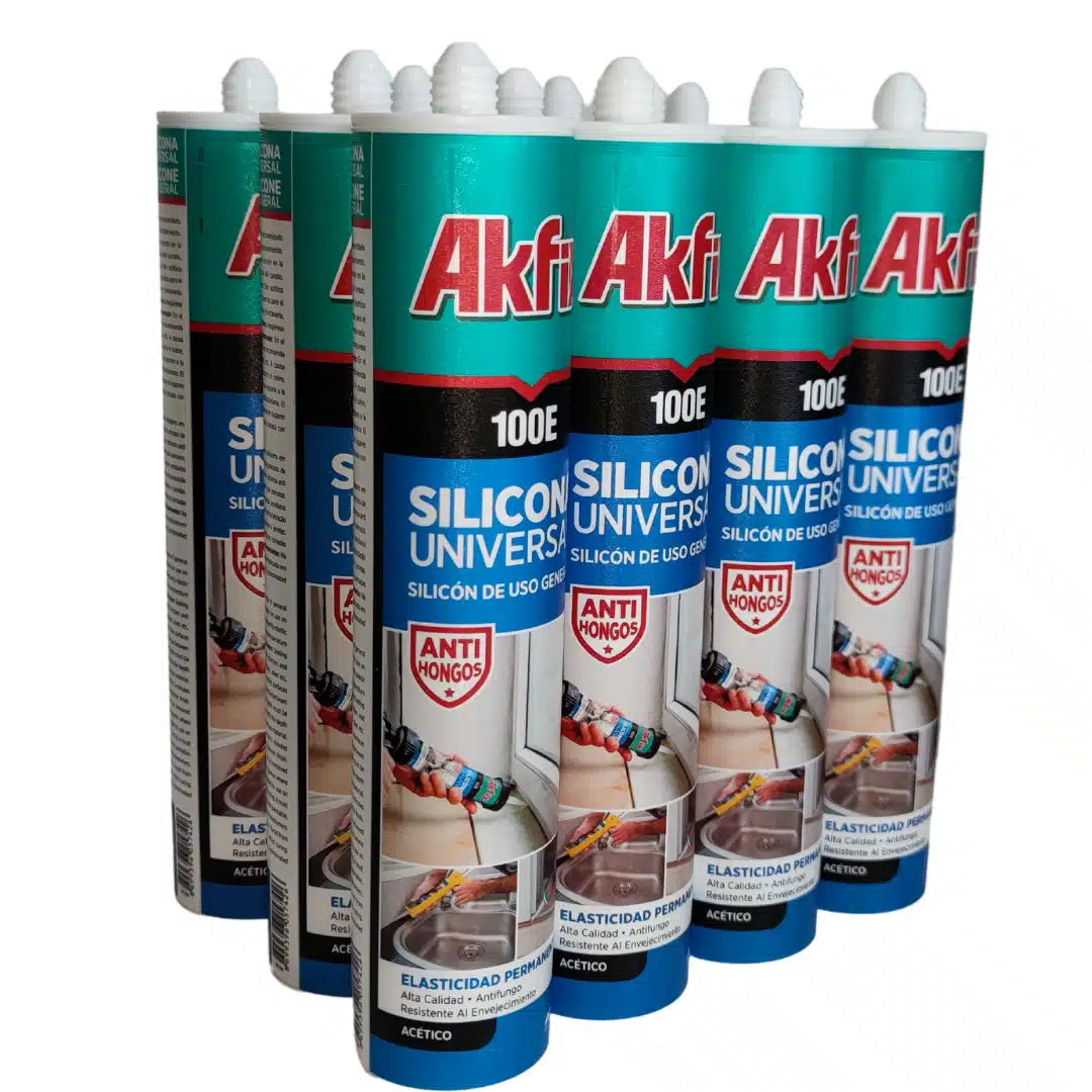Caja de 12 cartuchos de silicona universal Akfix 100E de 280ml, para sellado e impermeabilización de vidrio, cerámica y materiales no porosos
