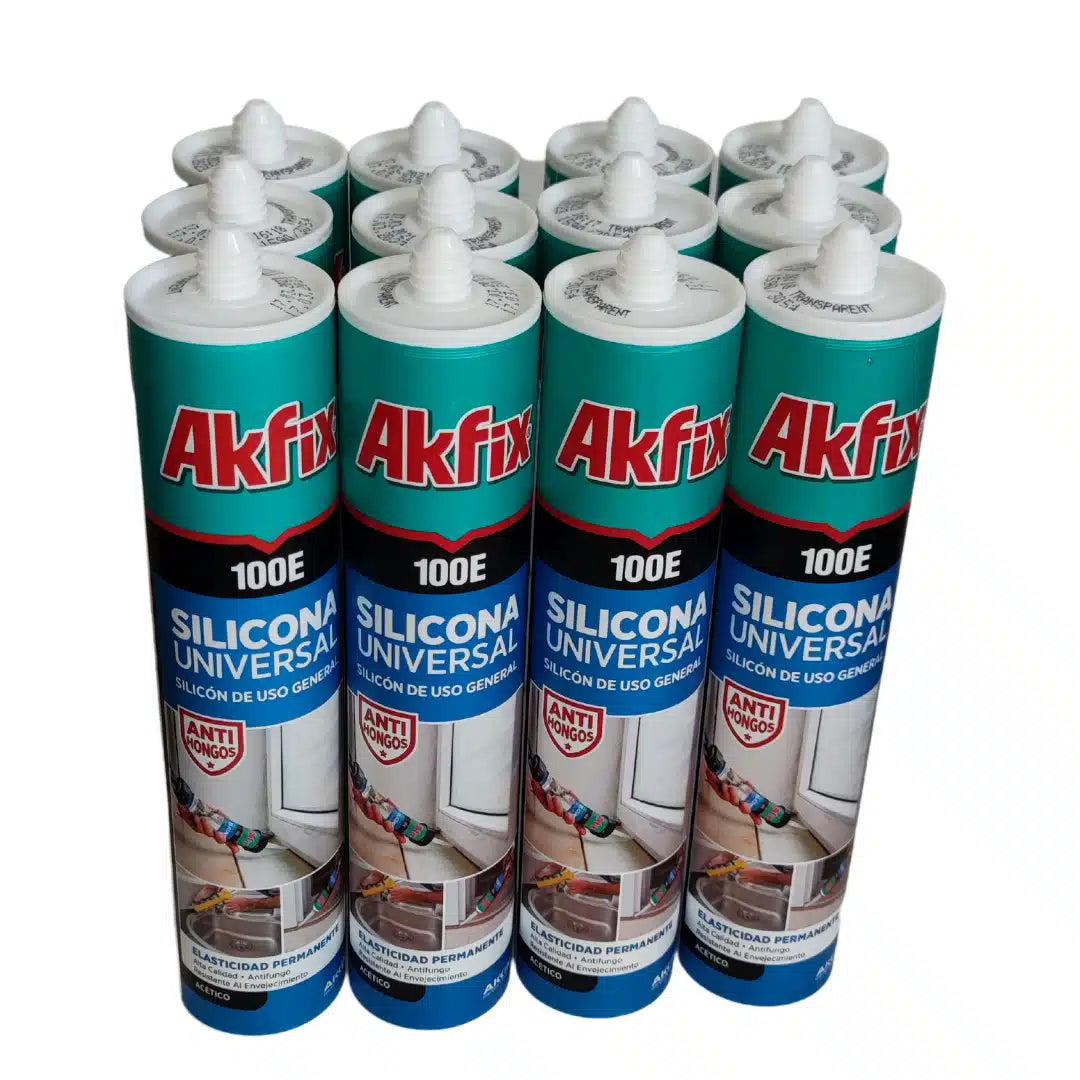 Caja de 12 cartuchos de silicona universal Akfix 100E de 280ml, para sellado e impermeabilización de vidrio, cerámica y materiales no porosos