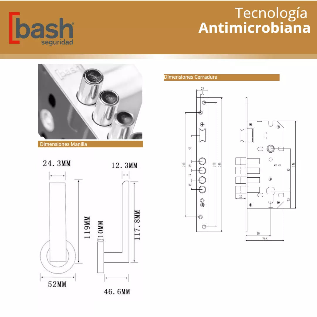 Cerradura de embutir Bash 8809 de manilla principal, fabricada en acero inoxidable, ideal para puertas de acceso que requieren durabilidad y seguridad