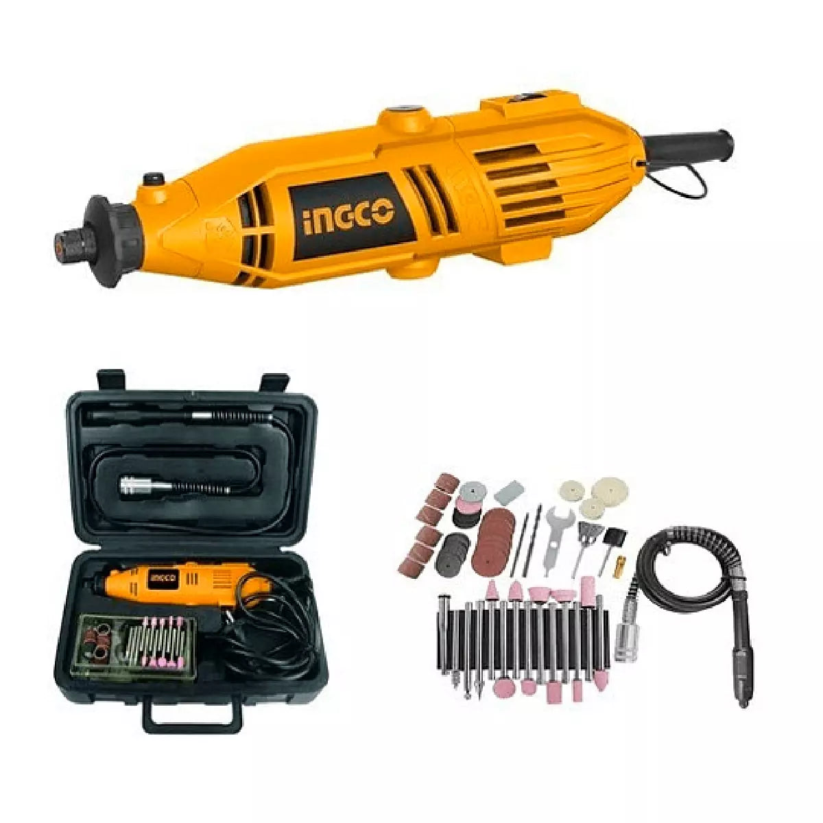 Mini torno Ingco 130W con maleta y accesorios, herramienta rotatoria multifuncional de 3.2mm para tallado, pulido y grabado de precisión.