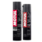 Kit Motul de 2 aerosoles, Desengrasante C1 y Lubricante C2, para la limpieza profunda y lubricación de cadenas de motocicletas y vehículos de transmisión por cadena.