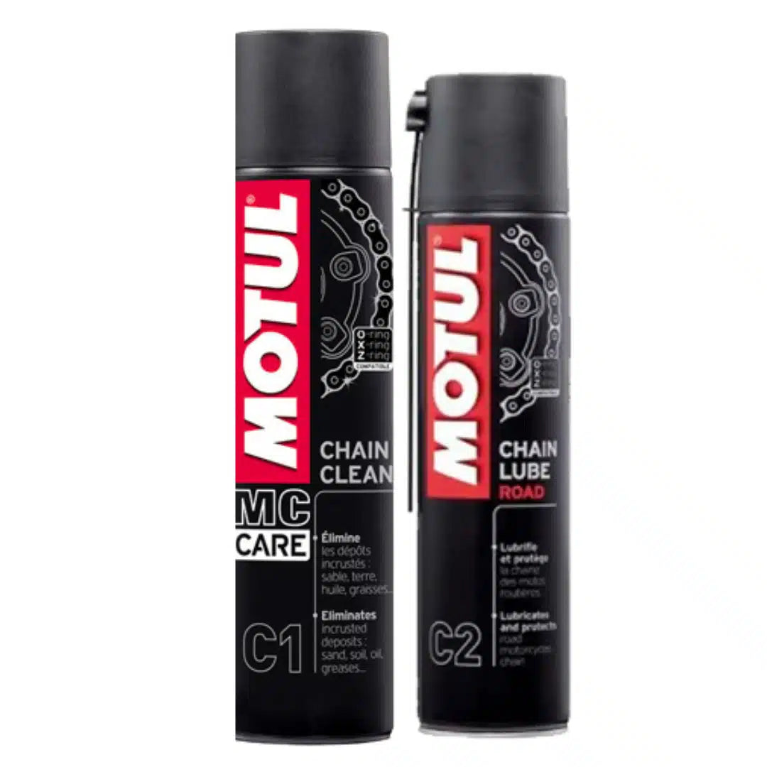 Kit Motul de 2 aerosoles, Desengrasante C1 y Lubricante C2, para la limpieza profunda y lubricación de cadenas de motocicletas y vehículos de transmisión por cadena.