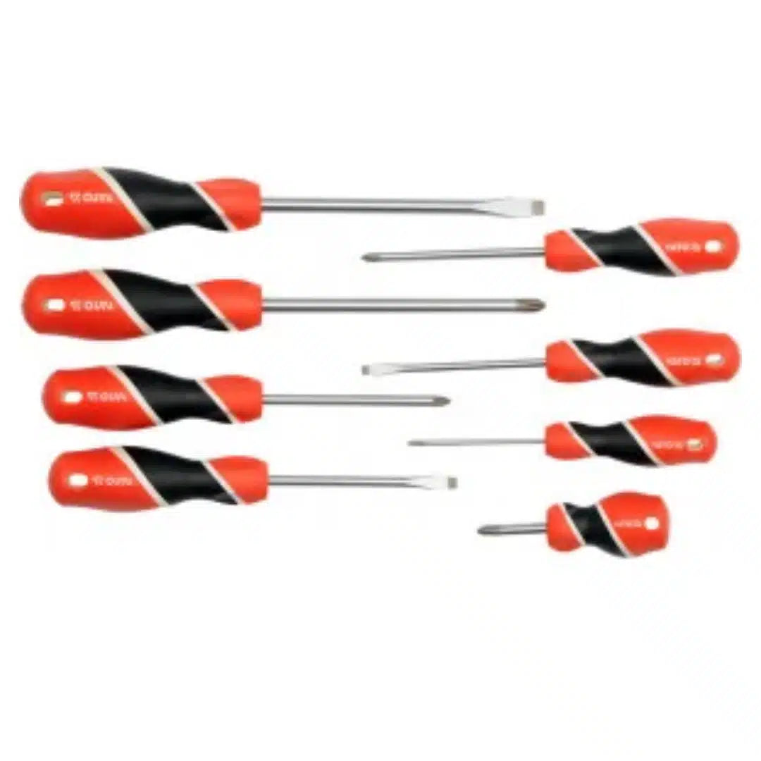 Kit de 8 destornilladores Yato YT-25966 de cromo vanadio, set de puntas planas y phillips con mango ergonómico para uso profesional y doméstico.