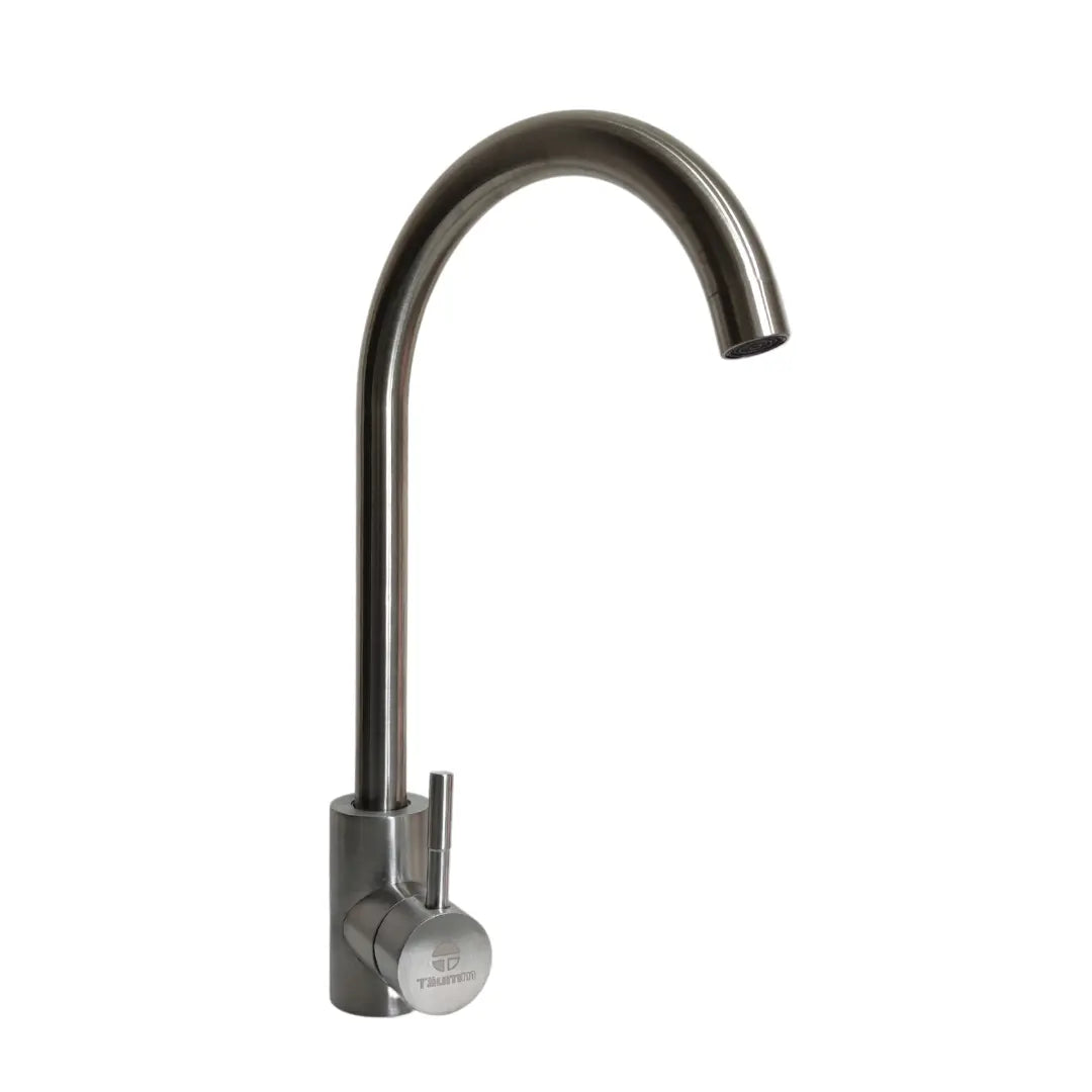 Monomando de lavaplato vertical de acero INOX, grifo de cocina con caño giratorio y palanca única para control de agua.