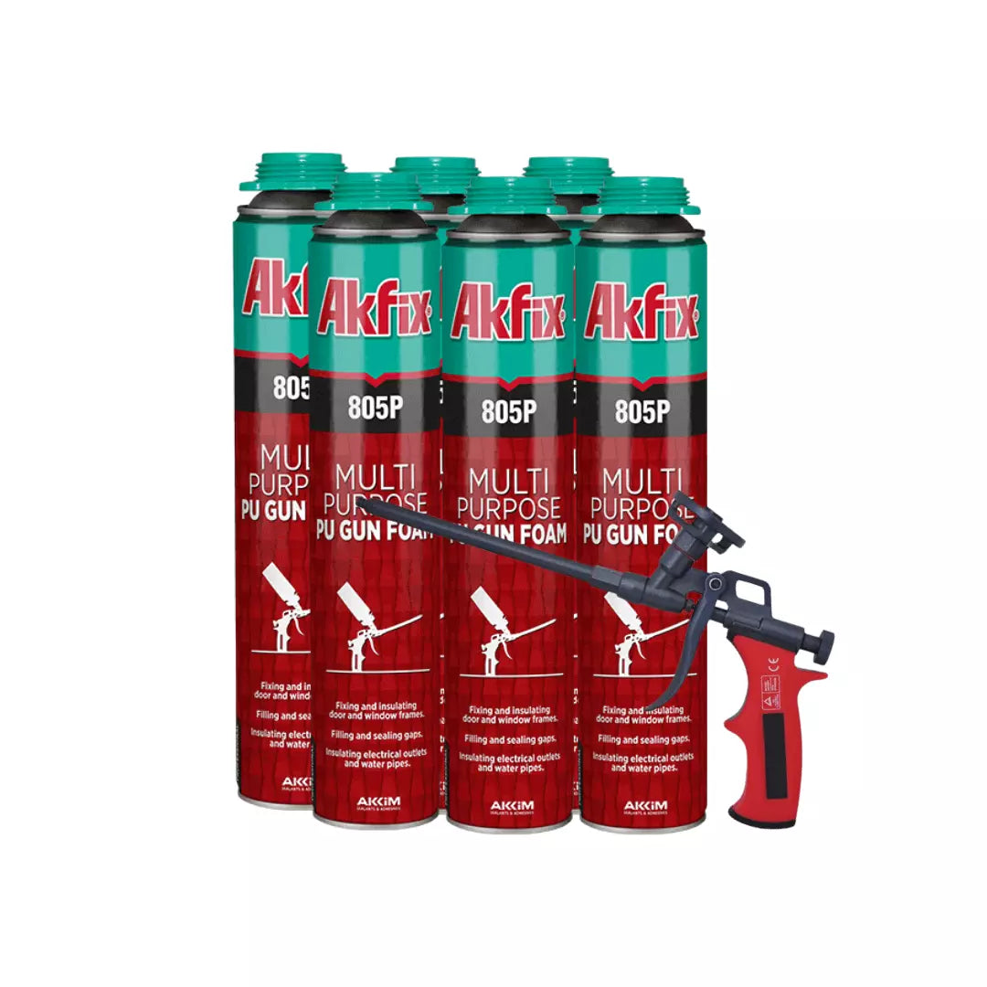 espuma de poliuretano Akfix y pistola profesional marca Akfix para aislamiento y relleno