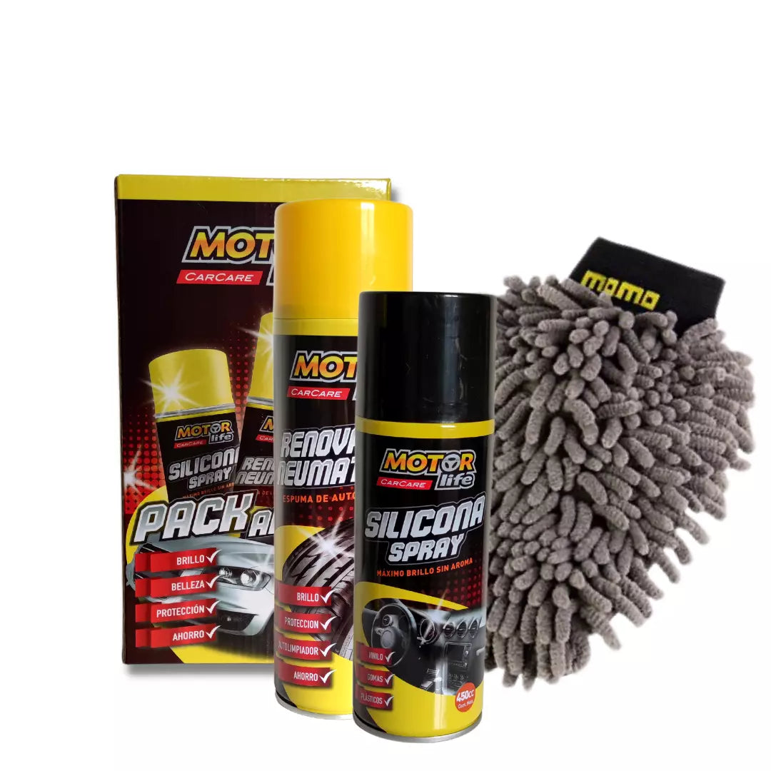 Kit de lavado automotriz Momo, con silicona renovadora de neumáticos para brillo duradero y guante de microfibra 2 en 1 para un lavado seguro sin rayar.