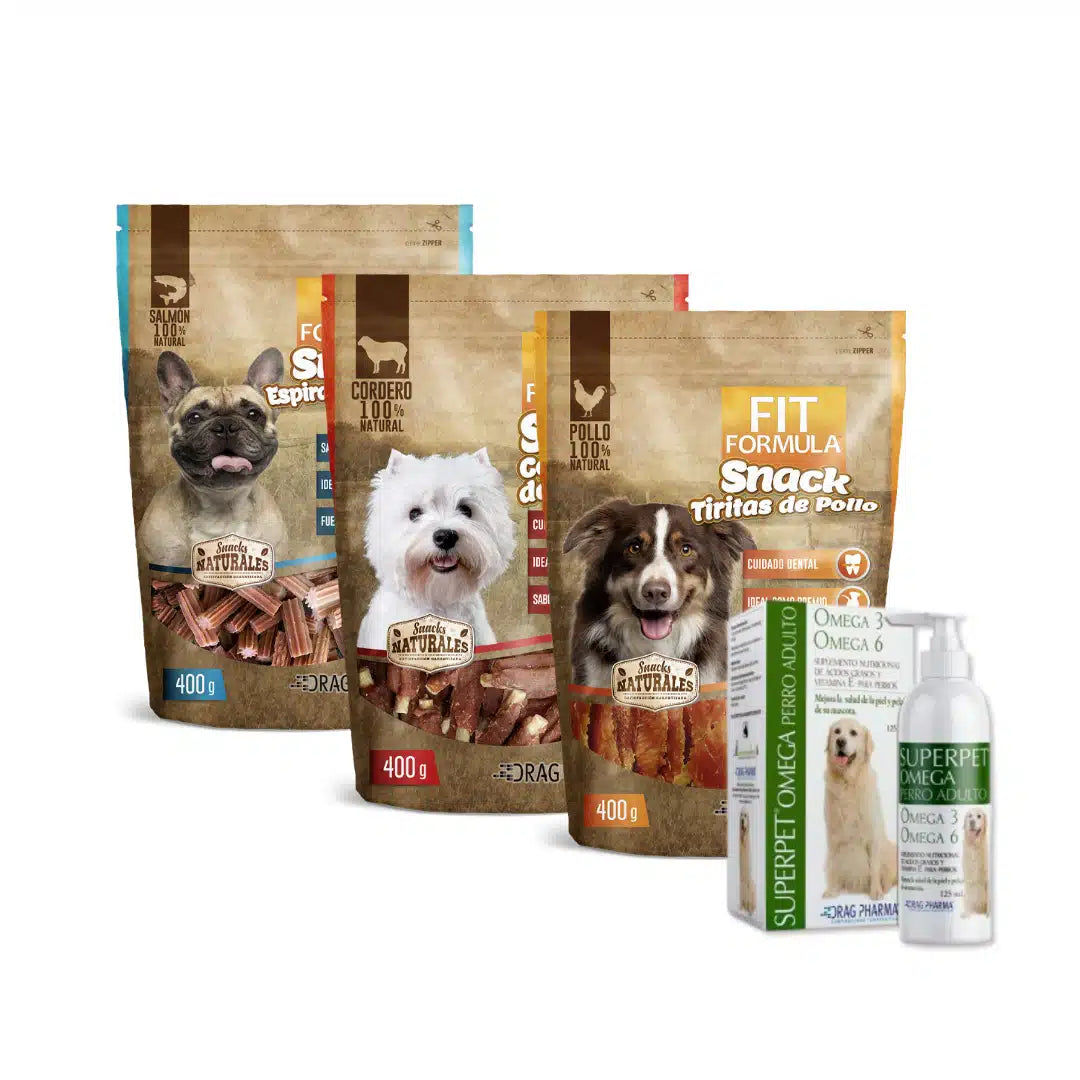 Kit perruno Fit Formula para adulto, contiene 3 unidades de snacks y aceite Omega 3/6 para mejorar el pelaje, la piel y la salud articular del perro.