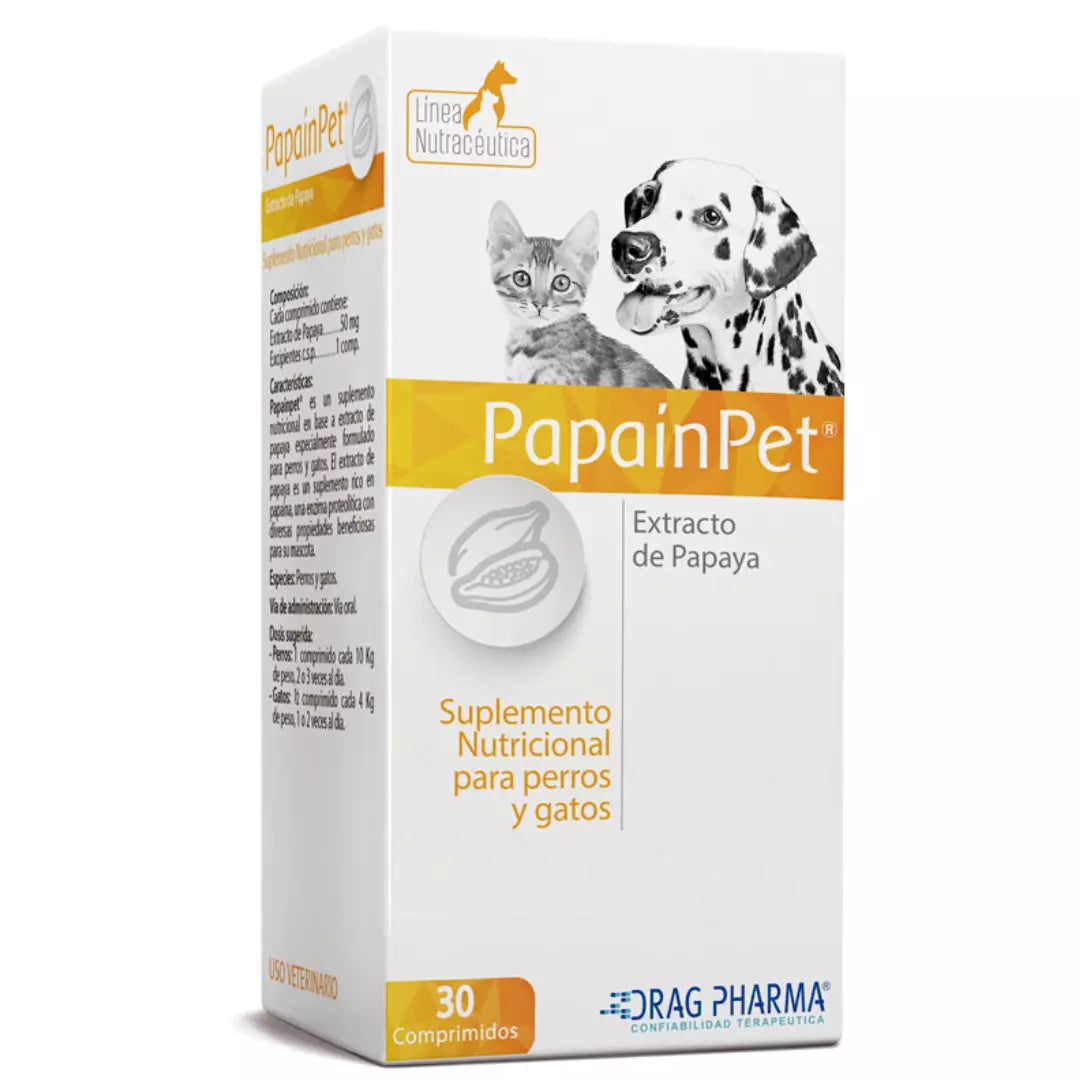 Papainpet suplemento digestivo para perros y gatos 30 comprimidos, mejora la salud intestinal, la digestión y la absorción de nutrientes en mascotas.