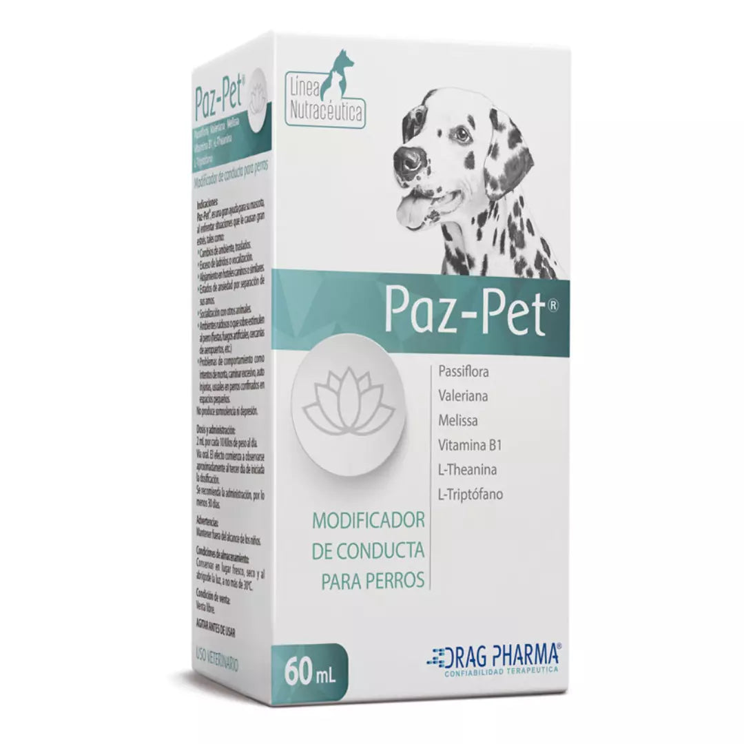 Suspensión oral Paz Pet 60 ml, suplemento natural para calmar el estrés y la ansiedad en perros y gatos por ruidos, viajes y separación.