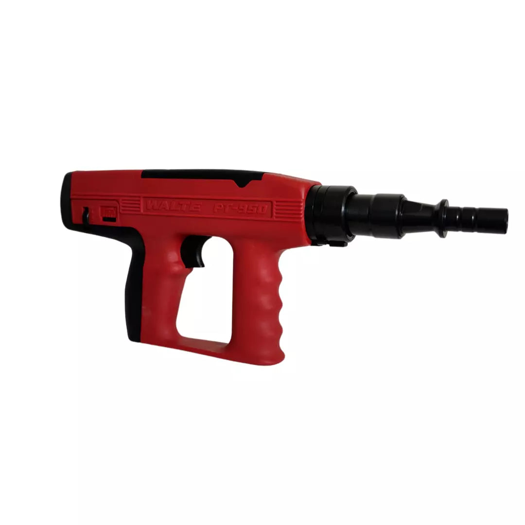 Pistola de impacto para clavos PT-950 a pólvora, calibre 27, con silenciador para fijación en hormigón y acero en construcción profesional.