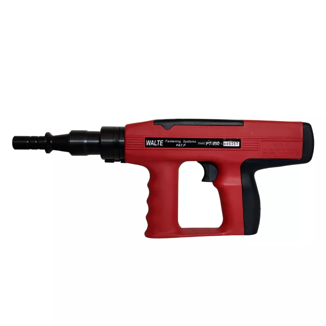 Pistola de impacto para clavos PT-950 a pólvora, calibre 27, con silenciador para fijación en hormigón y acero en construcción profesional.