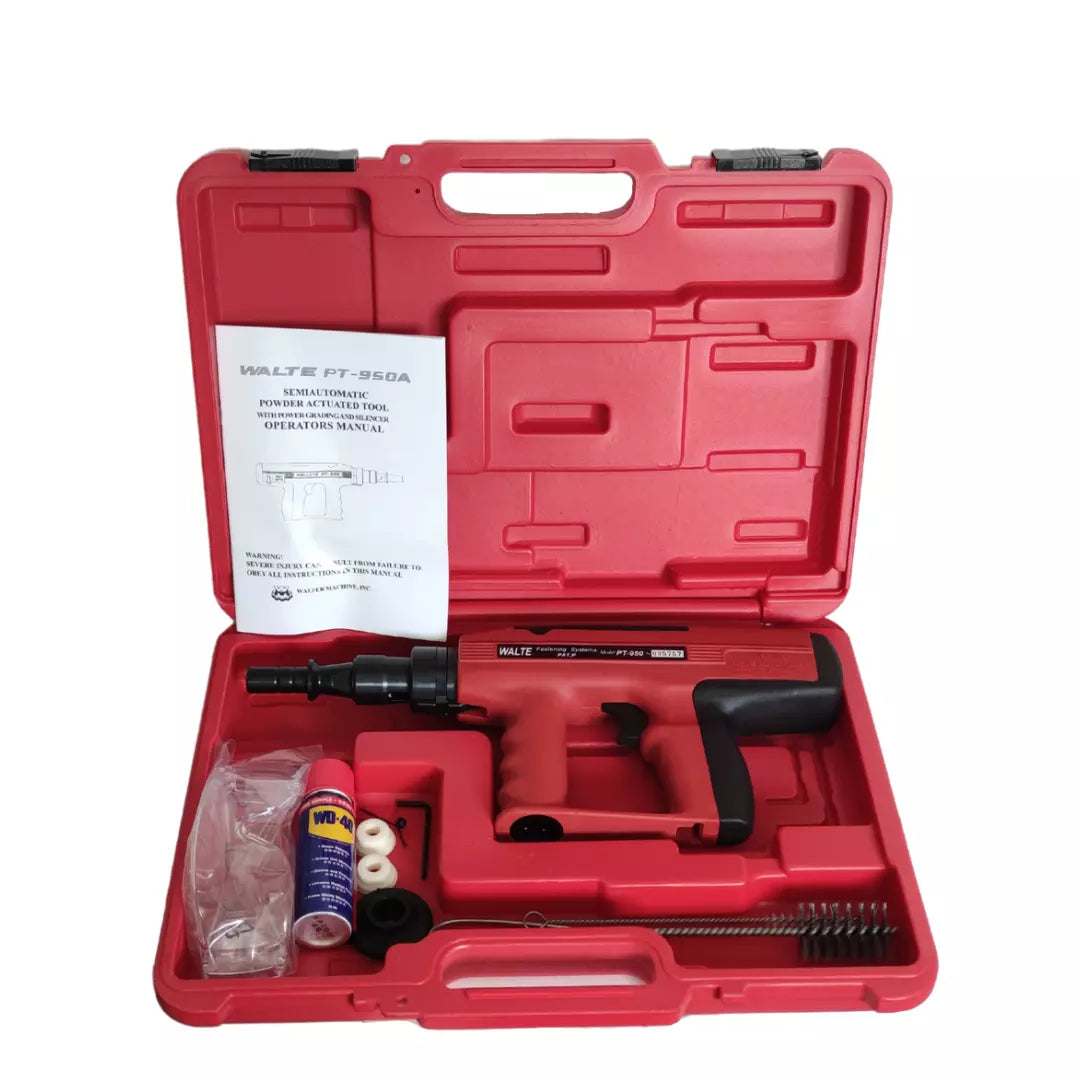 Pistola de impacto para clavos PT-950 a pólvora, calibre 27, con silenciador para fijación en hormigón y acero en construcción profesional.