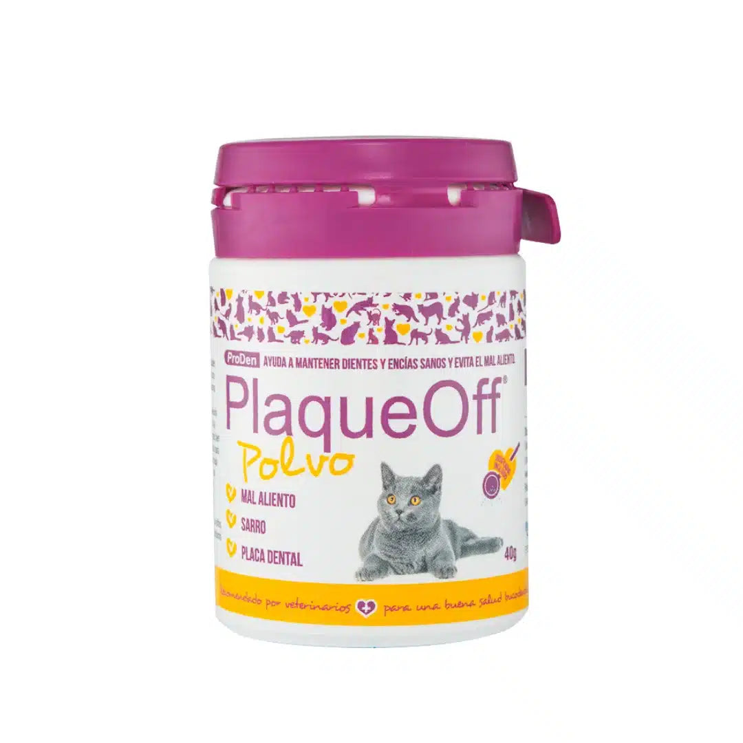 Proden PlaqueOff en polvo para gatos, suplemento natural a base de algas para combatir el sarro y el mal aliento felino.