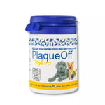 Proden PlaqueOff en polvo para perros, suplemento natural que combate el sarro y el mal aliento canino, favoreciendo la salud dental.