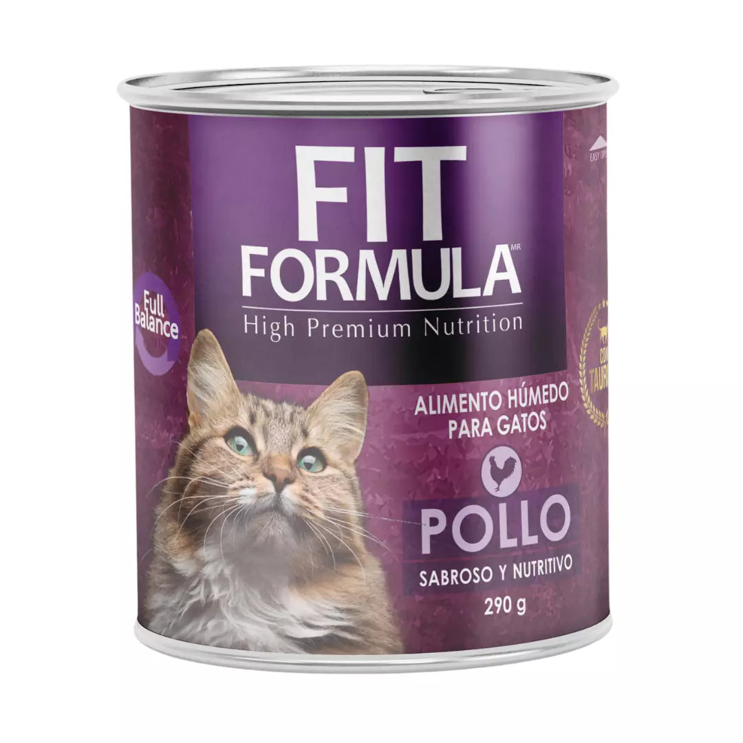 12 latas de 290 gramos de comida húmeda Fit Formula sabor pollo para gatos, que promueve la hidratación y nutrición diaria