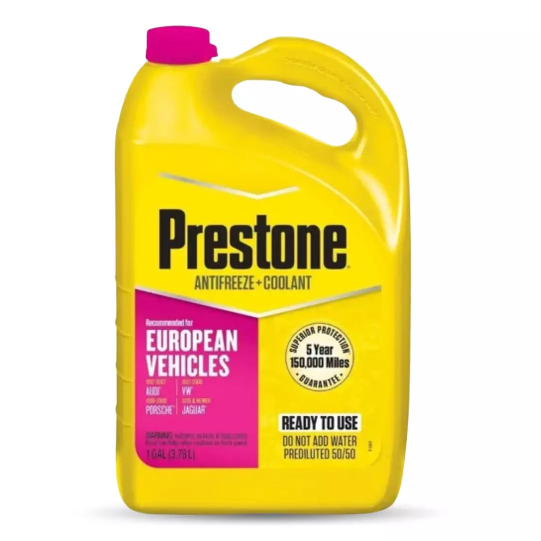 Anticongelante Prestone Coolant 50/50 color rosado (Euro), refrigerante Si-OAT de larga vida para protección extendida del motor en vehículos europeos.