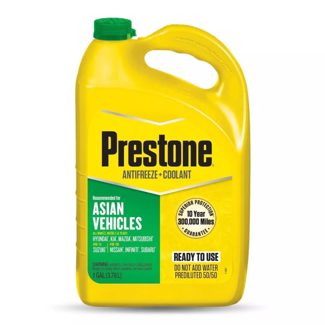 Anticongelante Prestone Coolant 50/50 Asian color verde, refrigerante de larga vida útil y fórmula P-OAT para vehículos japoneses y coreanos.