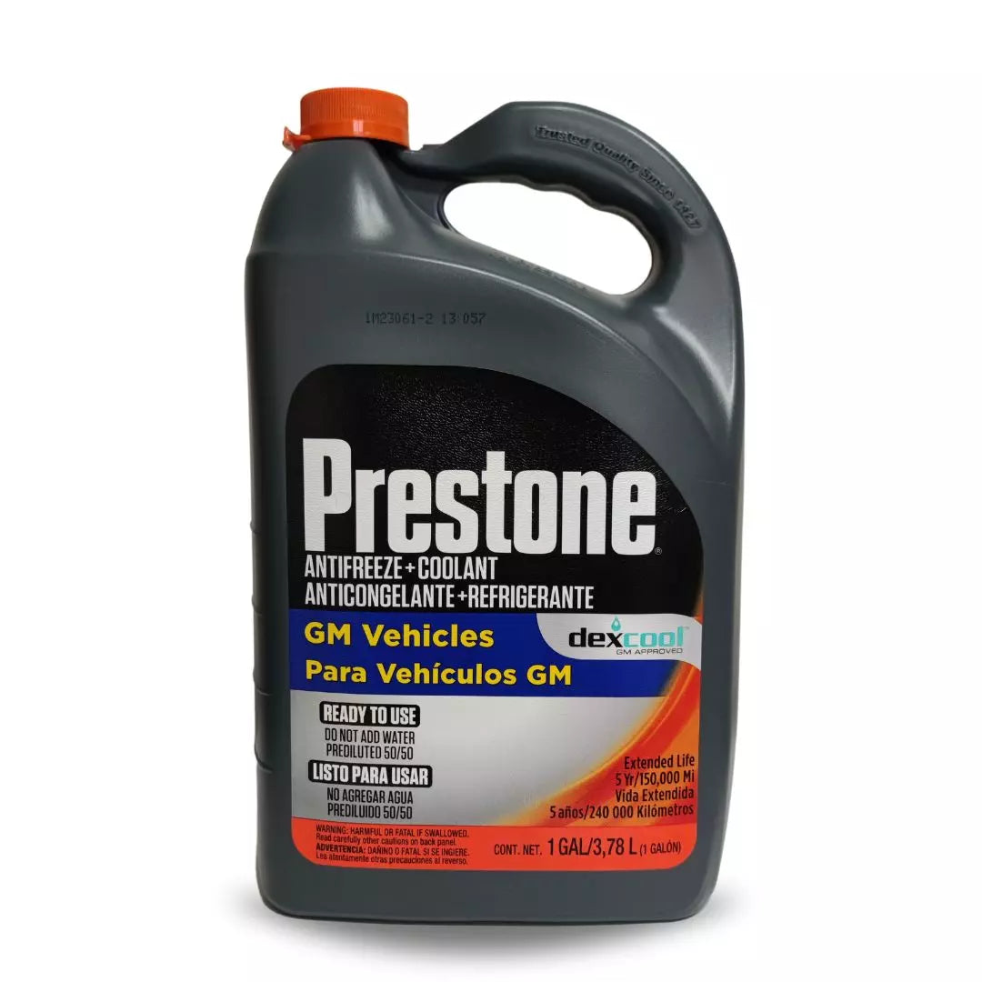 Anticongelante Prestone Coolant 50/50 Dexcool color naranja, refrigerante de larga vida útil para protección de motor y sistema de enfriamiento de vehículos.