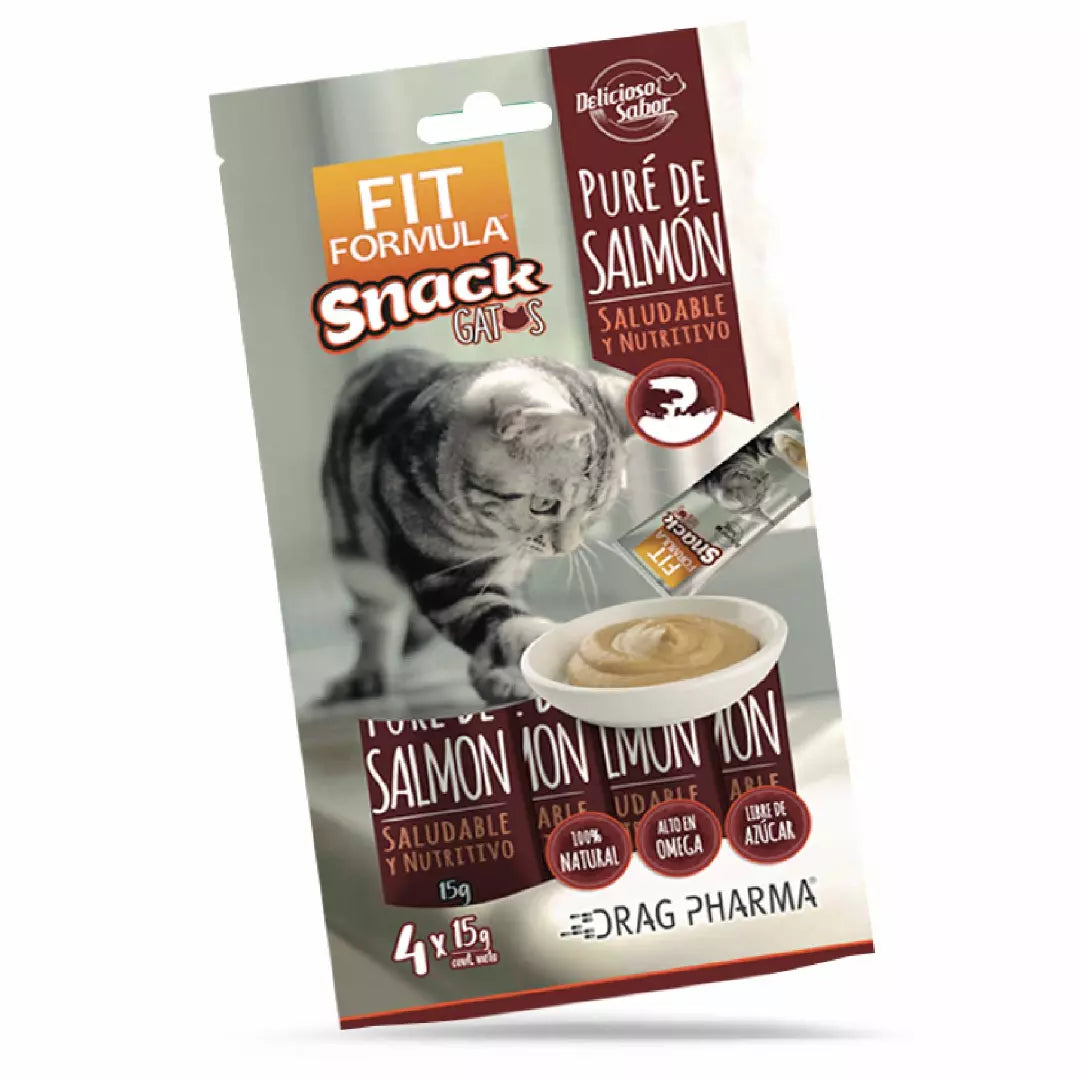 Snack para gato Fit Fórmula, puré cremoso de salmón, premio líquido de alta palatabilidad ideal para hidratación y nutrición felina.