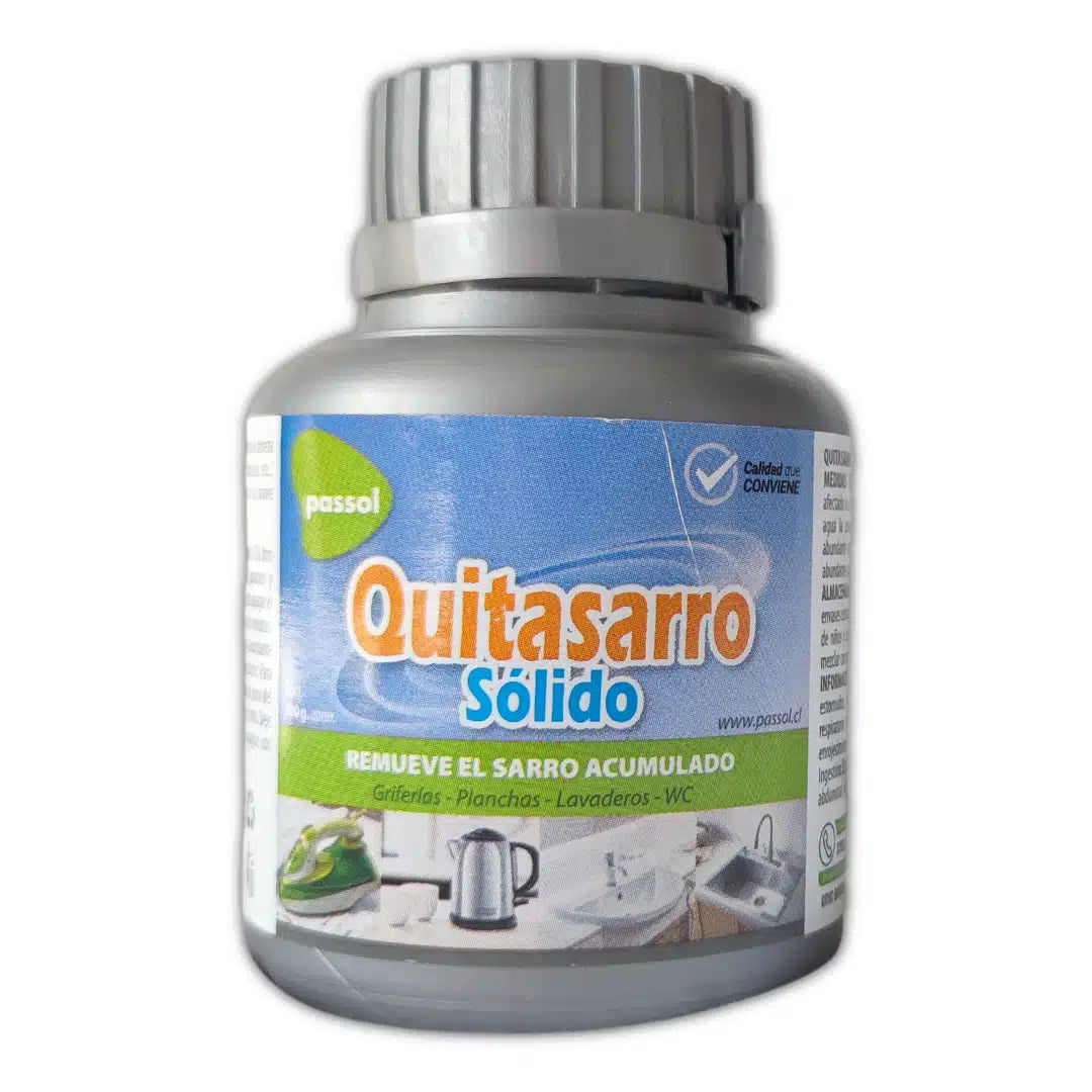 Quita sarro Passol 200 gramos, desincrustante químico en polvo para la limpieza de inodoros, grifería y superficies de baño afectadas por la cal.