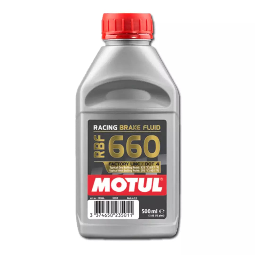 Líquido de freno Motul RBF 660 Factory Line 500ml, fluido DOT 4 de competición con punto de ebullición extremadamente alto para carreras y vehículos de alto rendimiento.